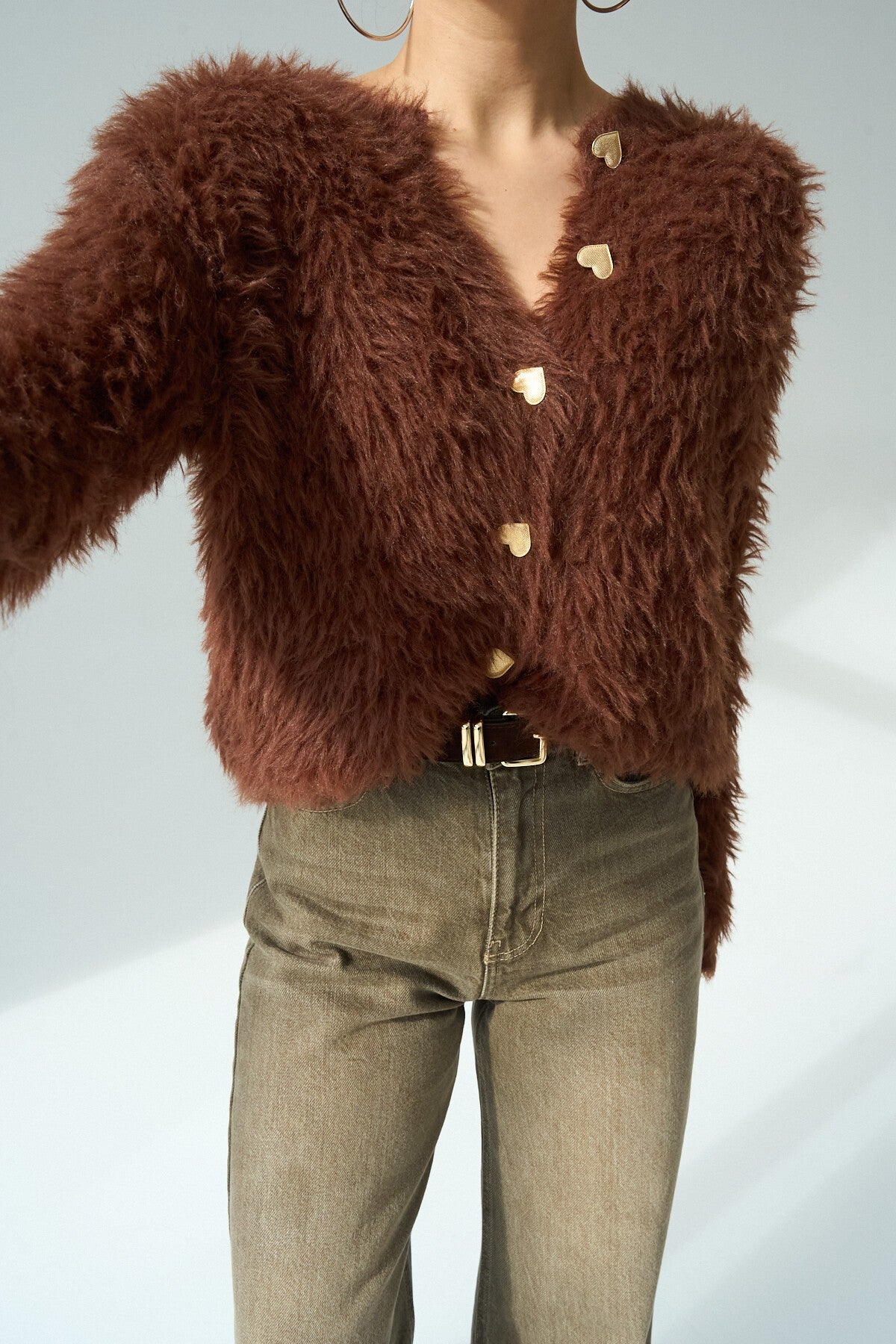 COFFEE Heart Button Fluffy Cardigan