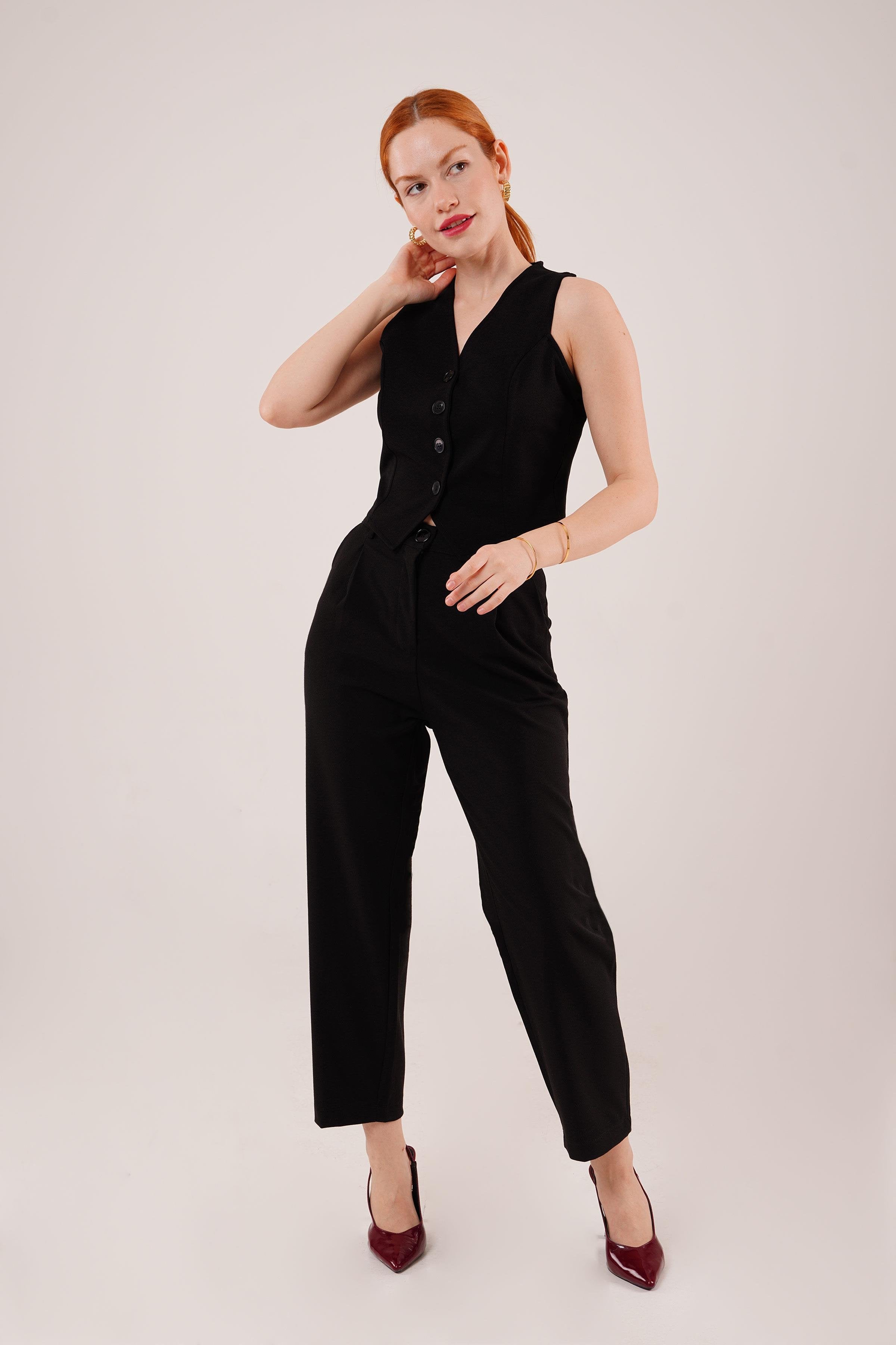 Kapama Cep Detaylı Toptan Siyah Pantolon Krem S