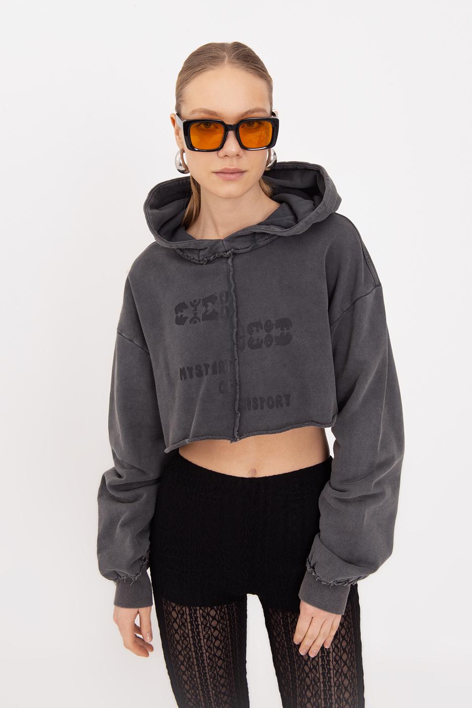 Hooded Printed Crop Sweatshirt