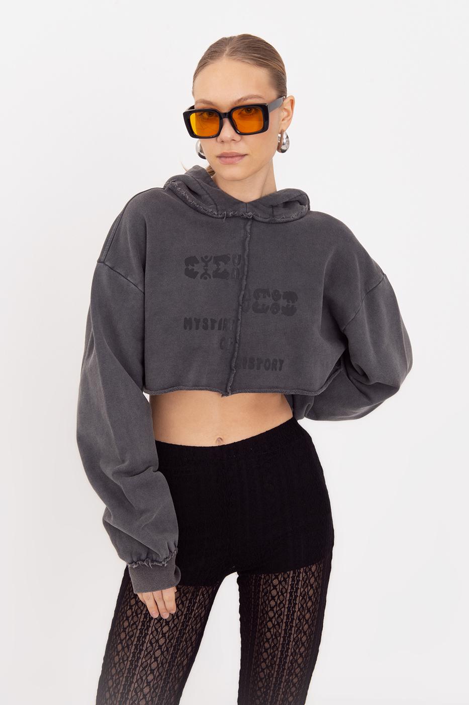 Hooded Printed Crop Sweatshirt