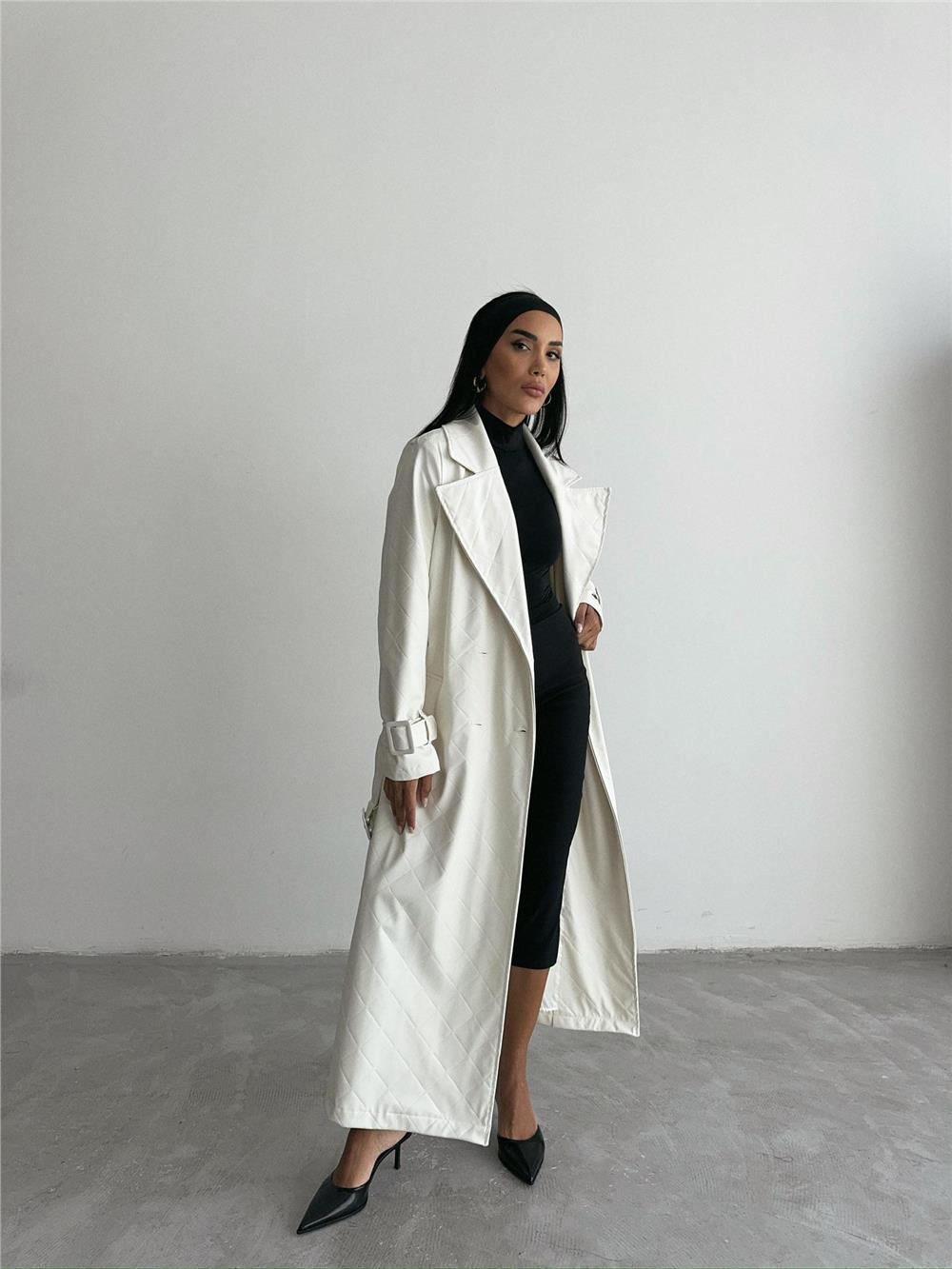 KAPİTONE DERİ TRENCH - Beyaz