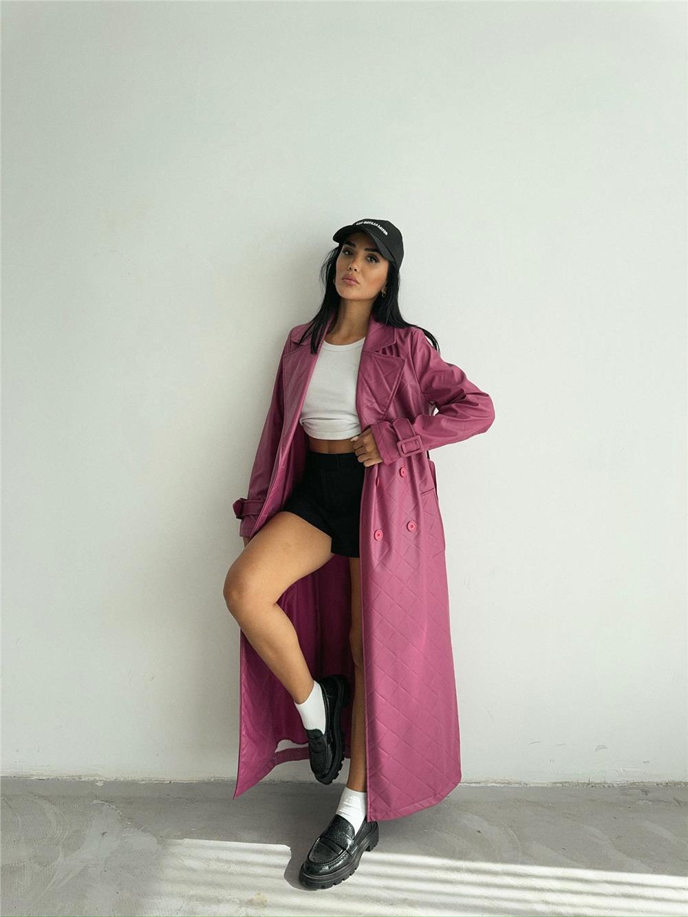 KAPİTONE DERİ TRENCH - Fuşya