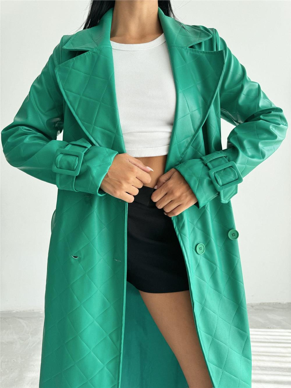 KAPİTONE DERİ TRENCH - Yeşil