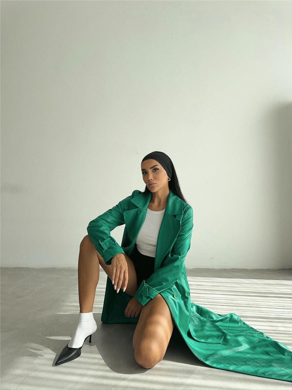 KAPİTONE DERİ TRENCH - Yeşil