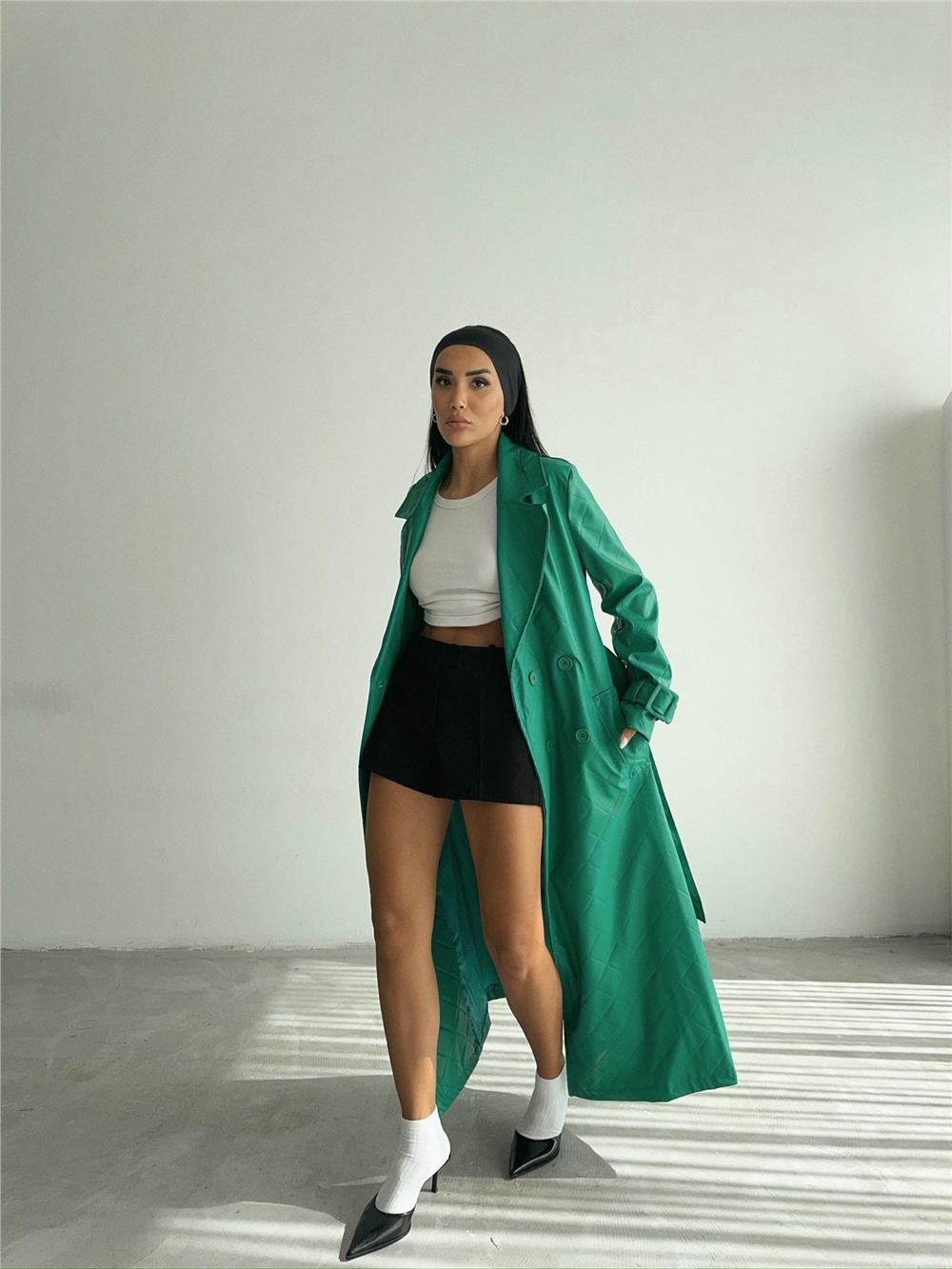 KAPİTONE DERİ TRENCH - Yeşil