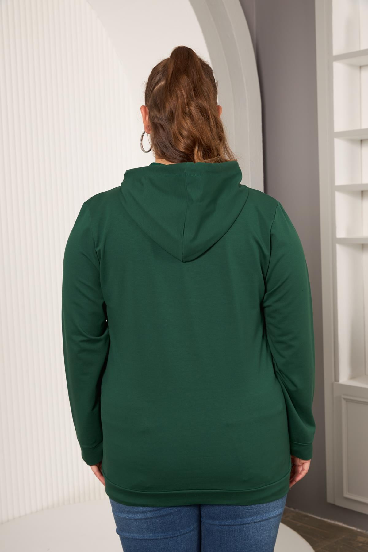 Kapşonlu Büyük Beden Sweatshirt Zümrüt