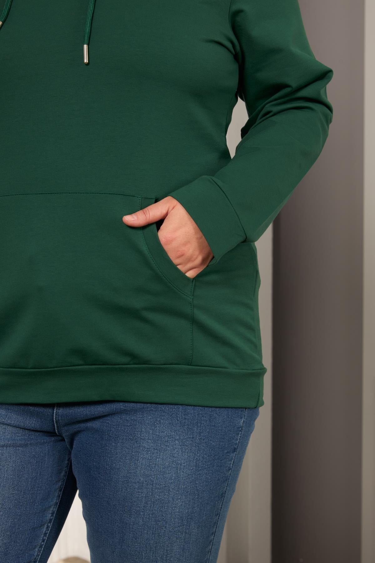 Kapşonlu Büyük Beden Sweatshirt Zümrüt