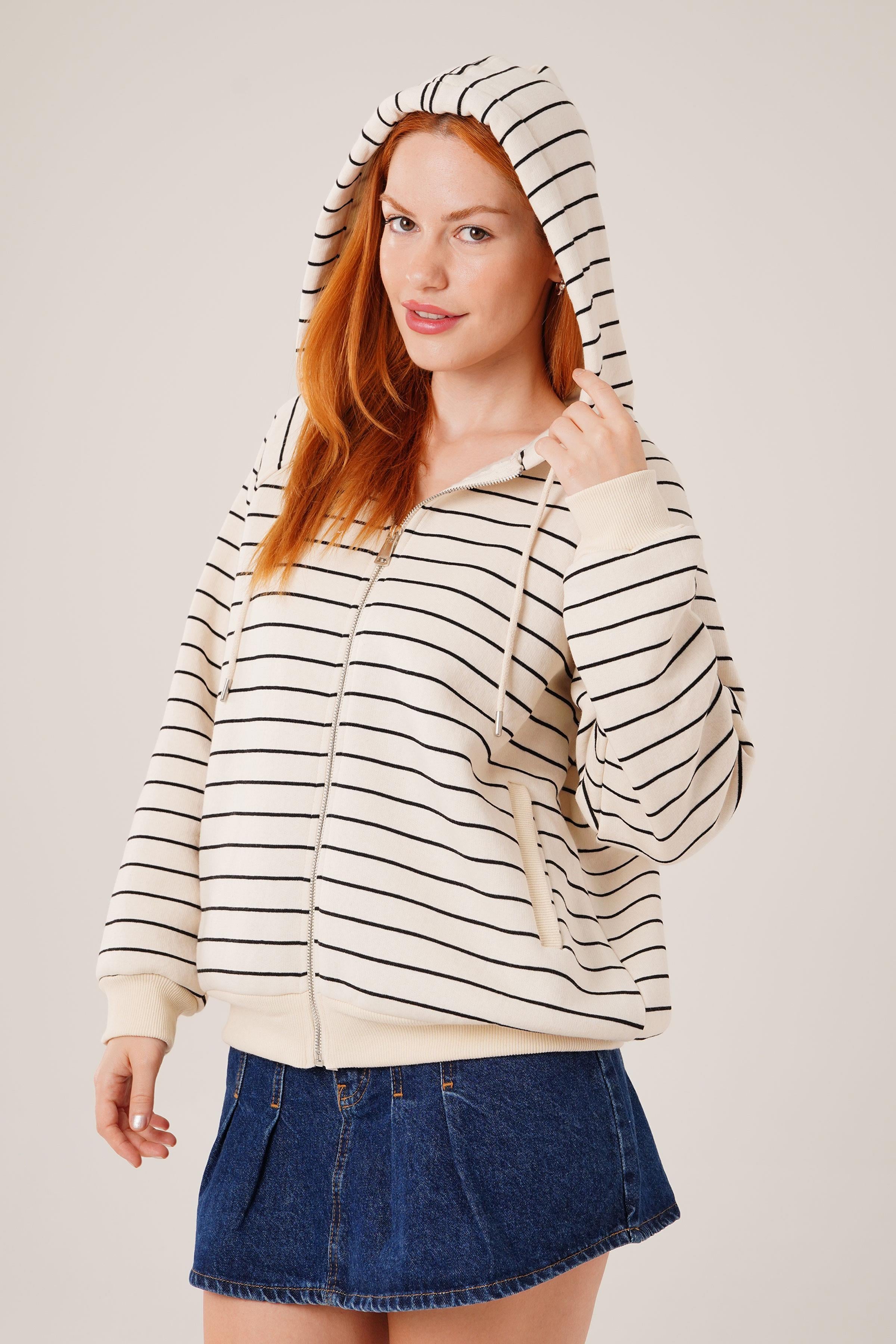 Kapüşonlu Fermuarlı Çizgili Toptan Taş Hırka