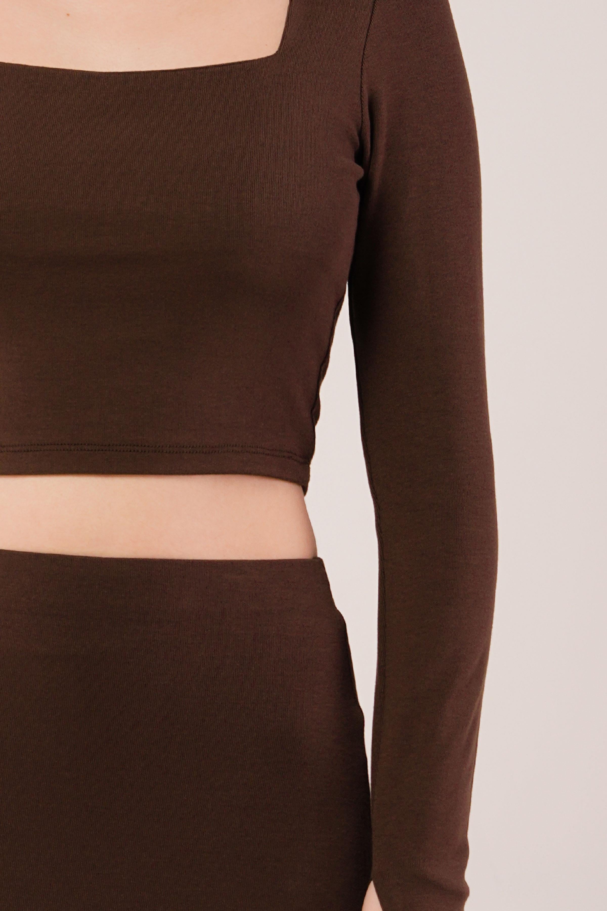 Kare Yaka Bluz Ve Yırtmaç Detaylı Etek Toptan İkili Kahverengi Takım