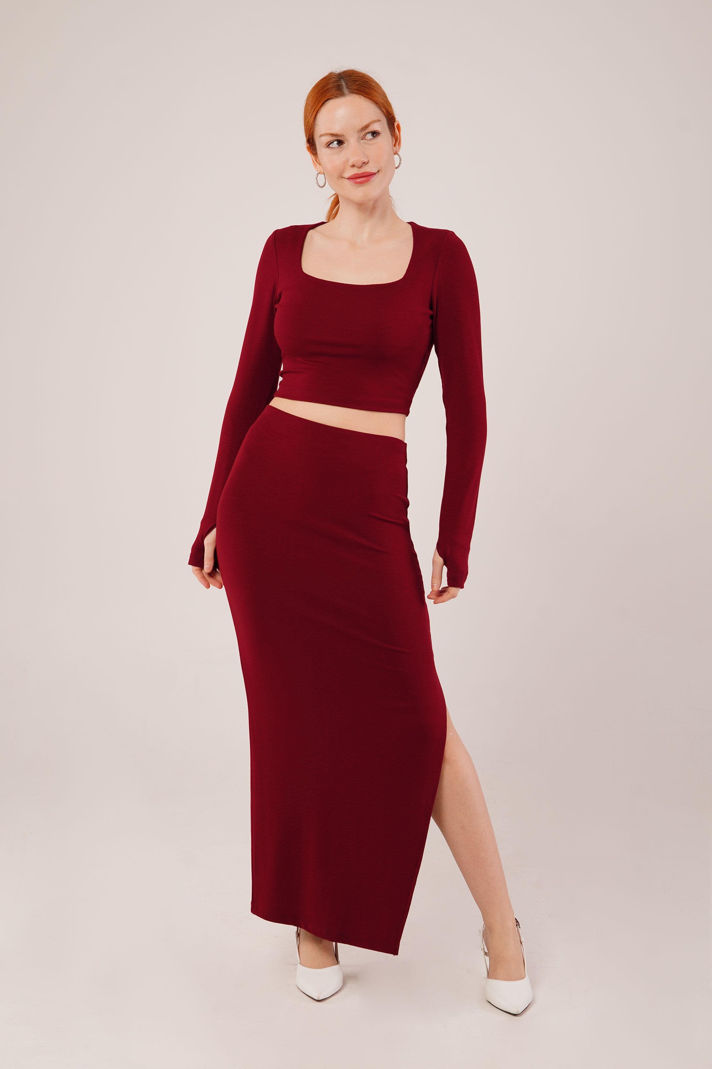 Kare Yaka Bluz Ve Yırtmaç Detaylı Etek Toptan İkili Bordo Takım Bordo S