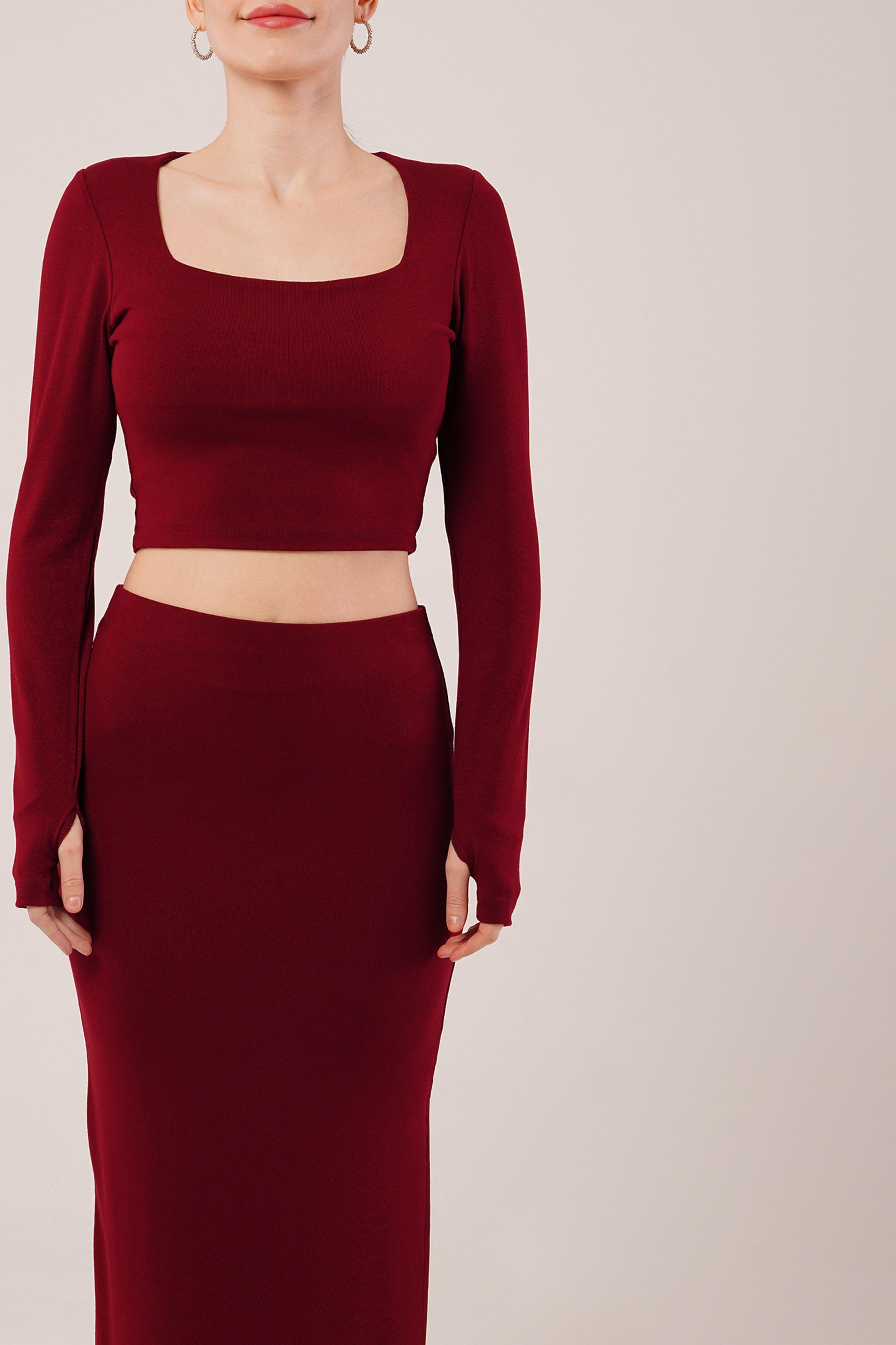 Kare Yaka Bluz Ve Yırtmaç Detaylı Etek Toptan İkili Bordo Takım