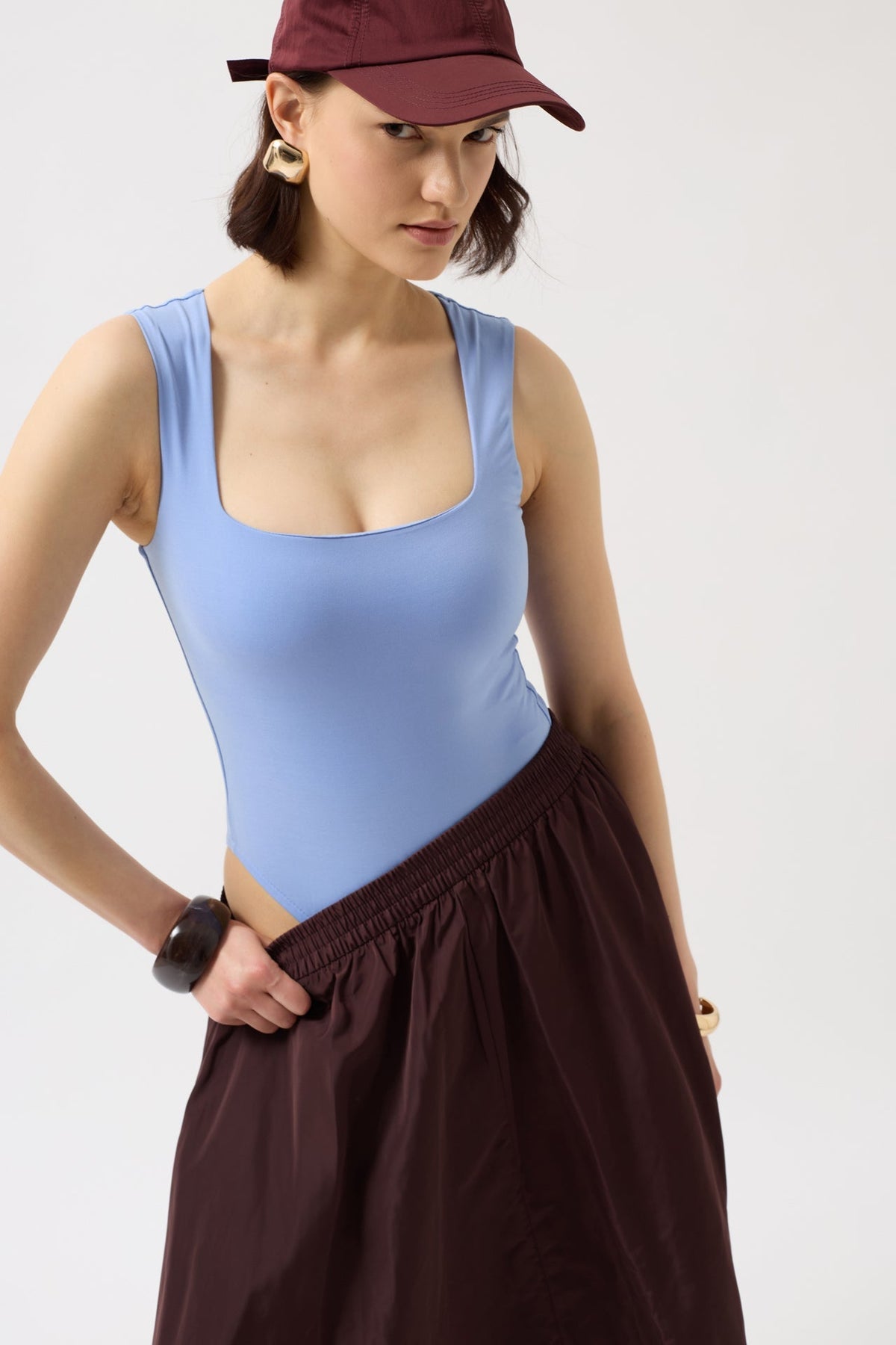 Kare Yaka Kalın Askılı Bodysuit - Kırmızı