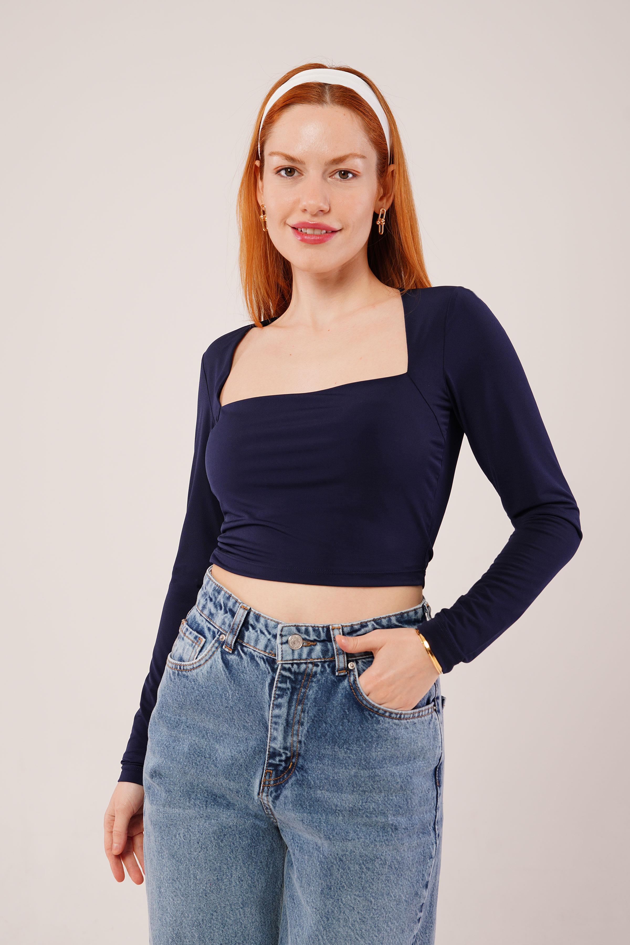 Kare Yaka Toptan Basic Lacivert Bluz Lacivert S