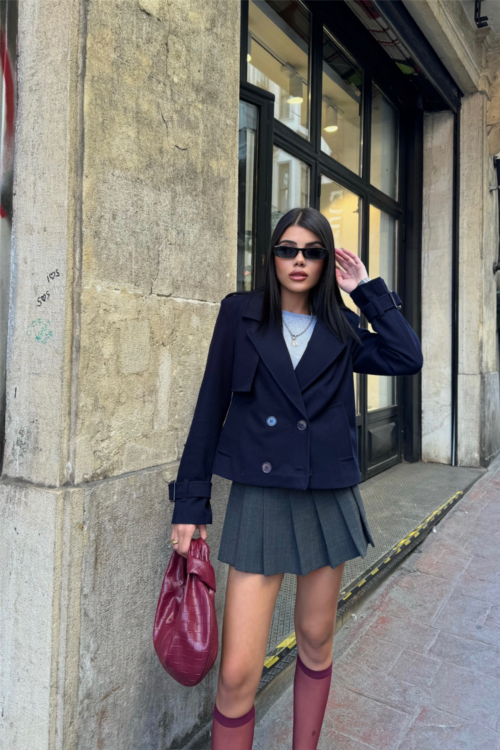 KAŞE CROP 4 DÜĞME CEKET - Lacivert