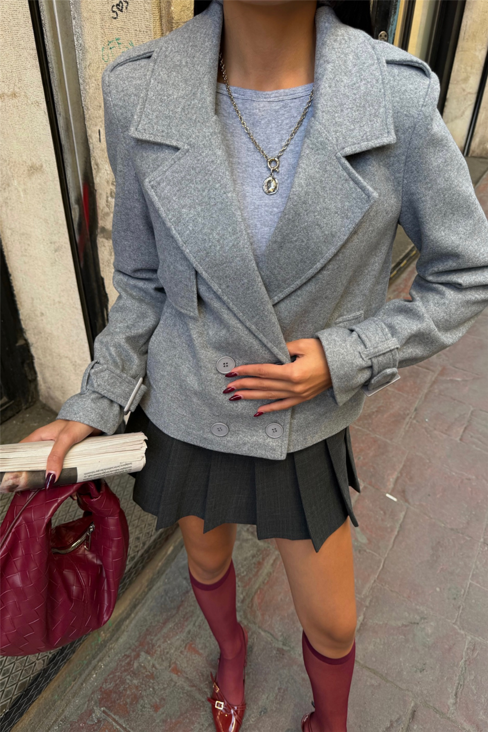 KAŞE CROP CEKET 4 DÜĞME - Gri