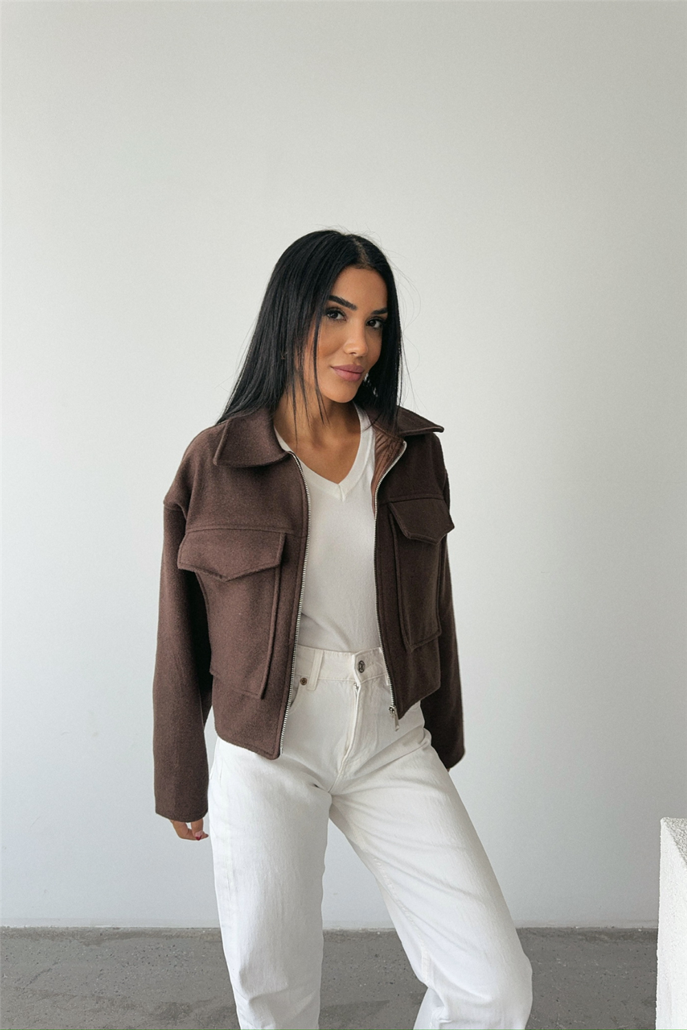 KAŞE CROP CEKET ÖNDEN FERMUARLI - Kahverengi