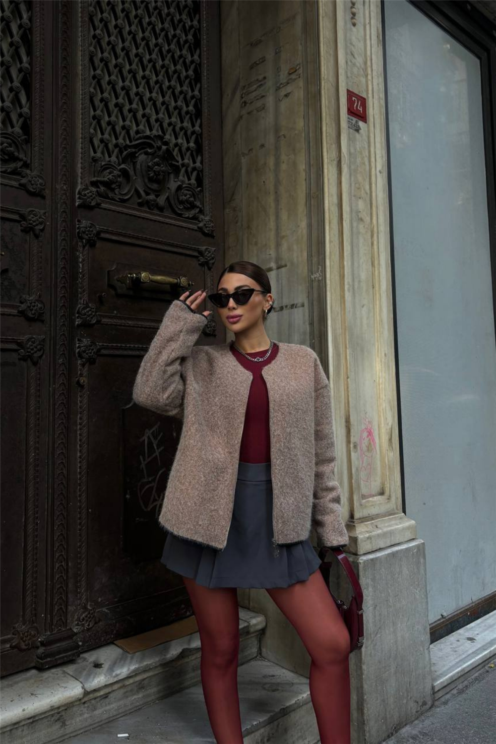 KAŞE FERMUARLI BLUZ - Vizon