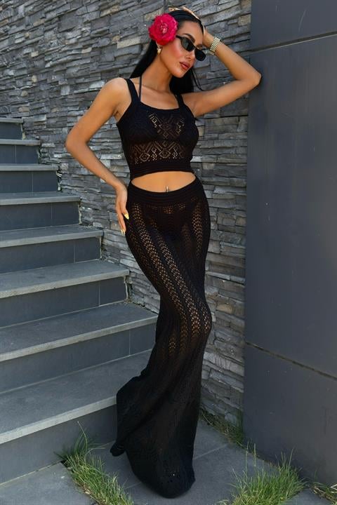 Kayla Dantel Desenli Crop Takım 9840 SİYAH STD