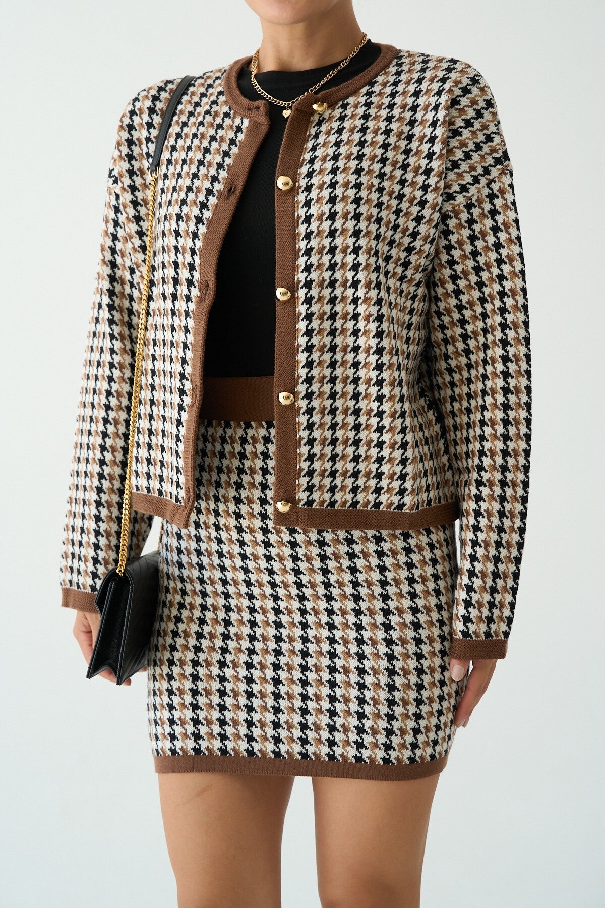 Coffee and Cream Houndstooth Skirt Set