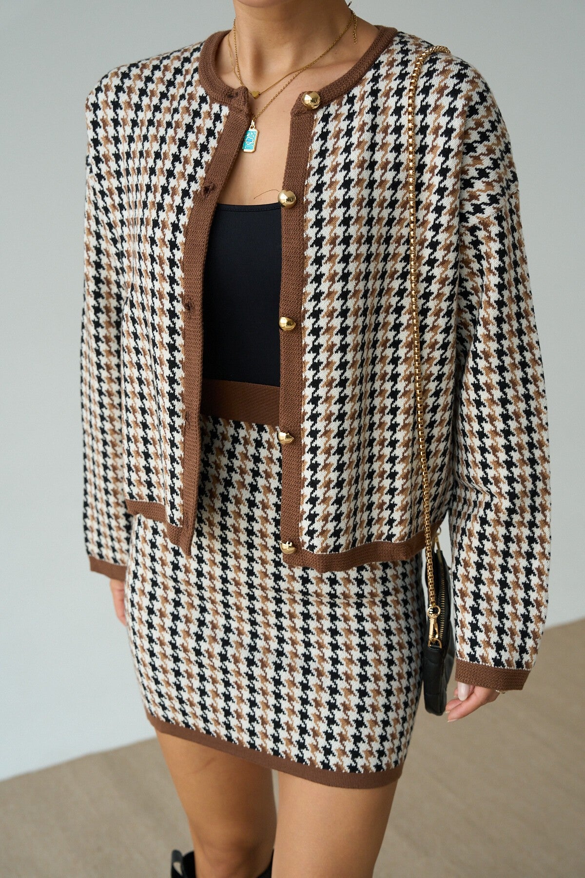 Coffee and Cream Houndstooth Skirt Set
