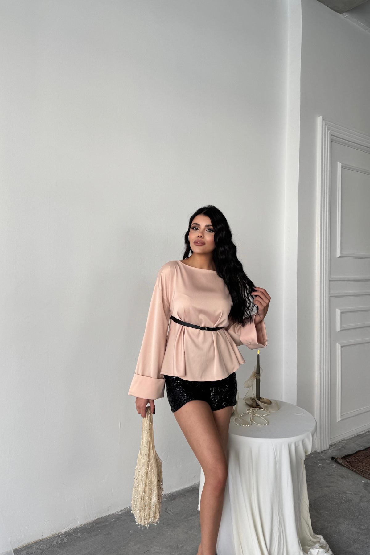 KEMER DETAYLI SATEN BLUZ - Pembe