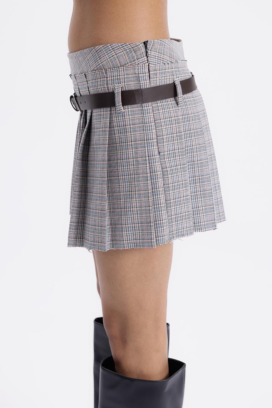 Belted Double Pleated Mini Skirt