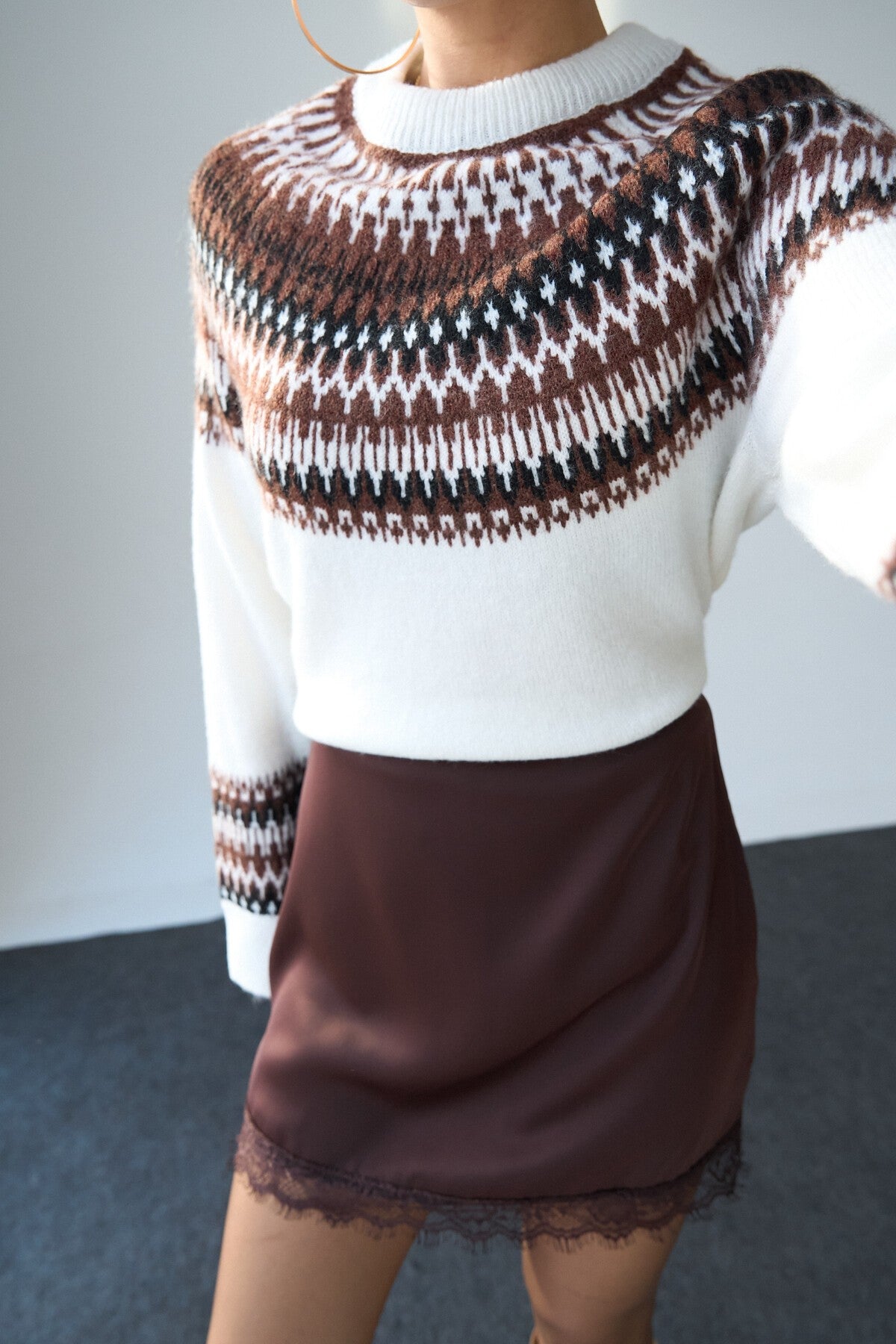 Bone-Coffee-Black Jacquard Sweater