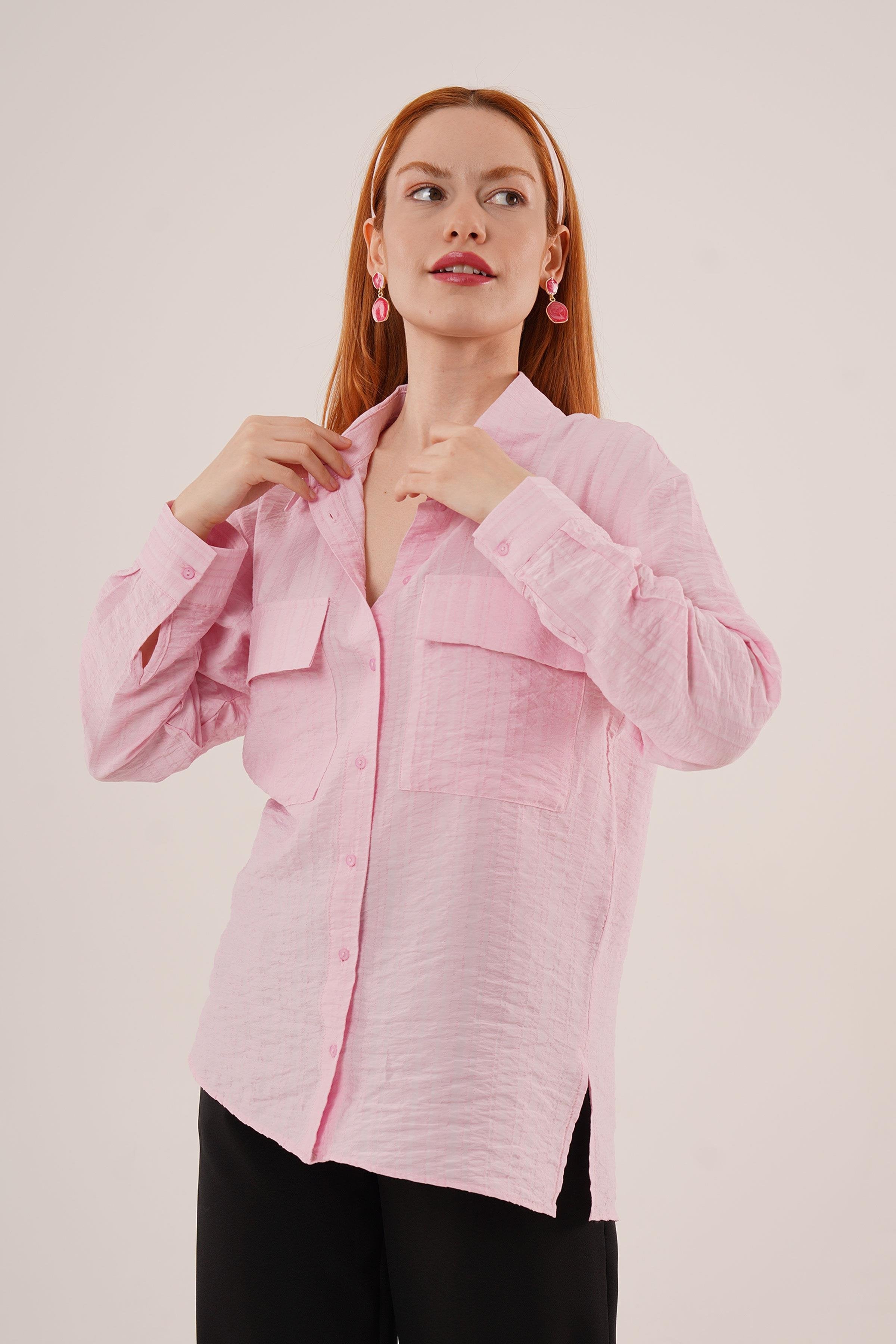 Kendinden Çizgili Cepli Ve Düğmeli Toptan Pembe  Gömlek Pembe S
