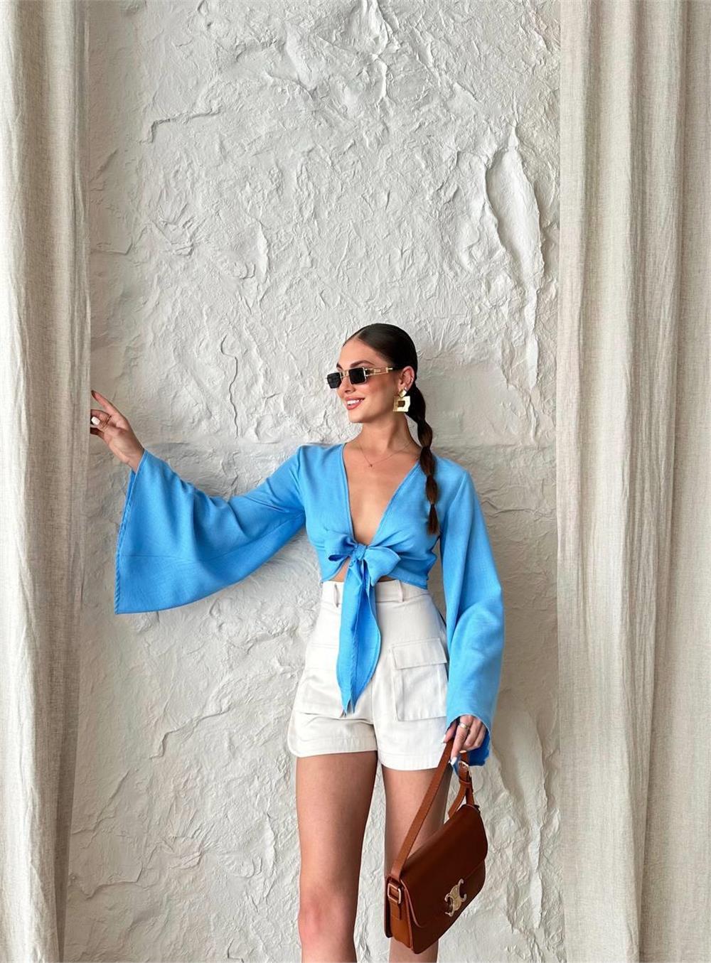 KETEN BAĞLAMA DETAYLI BLUZ İSPANYOL KOL - Mavi