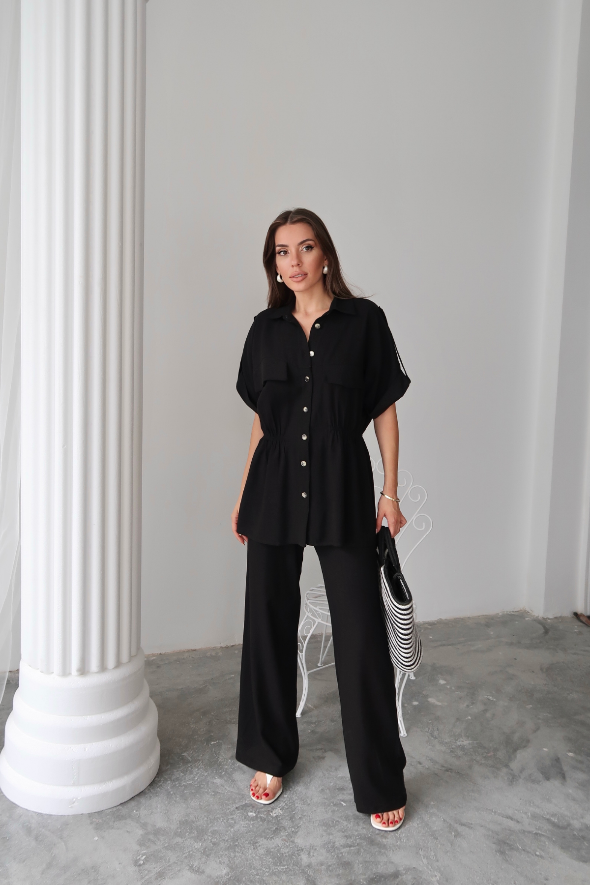 KETEN BELDEN BÜZGÜ DETAYLI GÖMLEK - PANTOLON TAKIM - Siyah