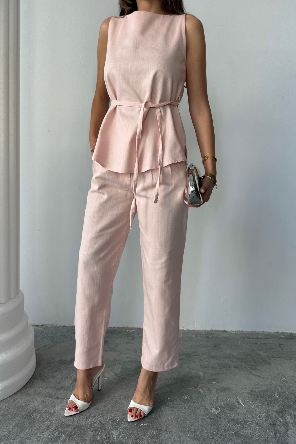 KETEN BLUZ - PANTOLON TAKIM MASSİMO MODEL  SCREAT KUMAŞ - Pudra