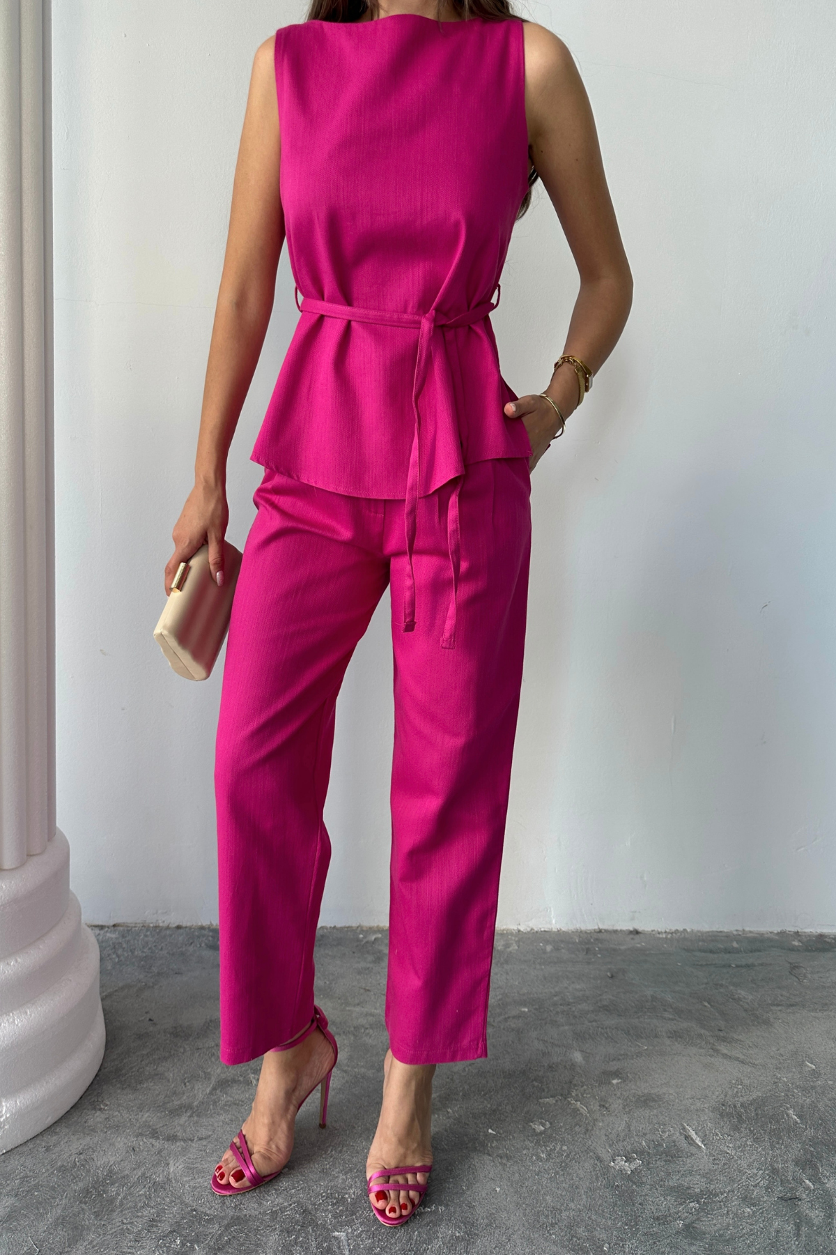 KETEN BLUZ - PANTOLON TAKIM MASSİMO MODEL  SCREAT KUMAŞ - Fuşya