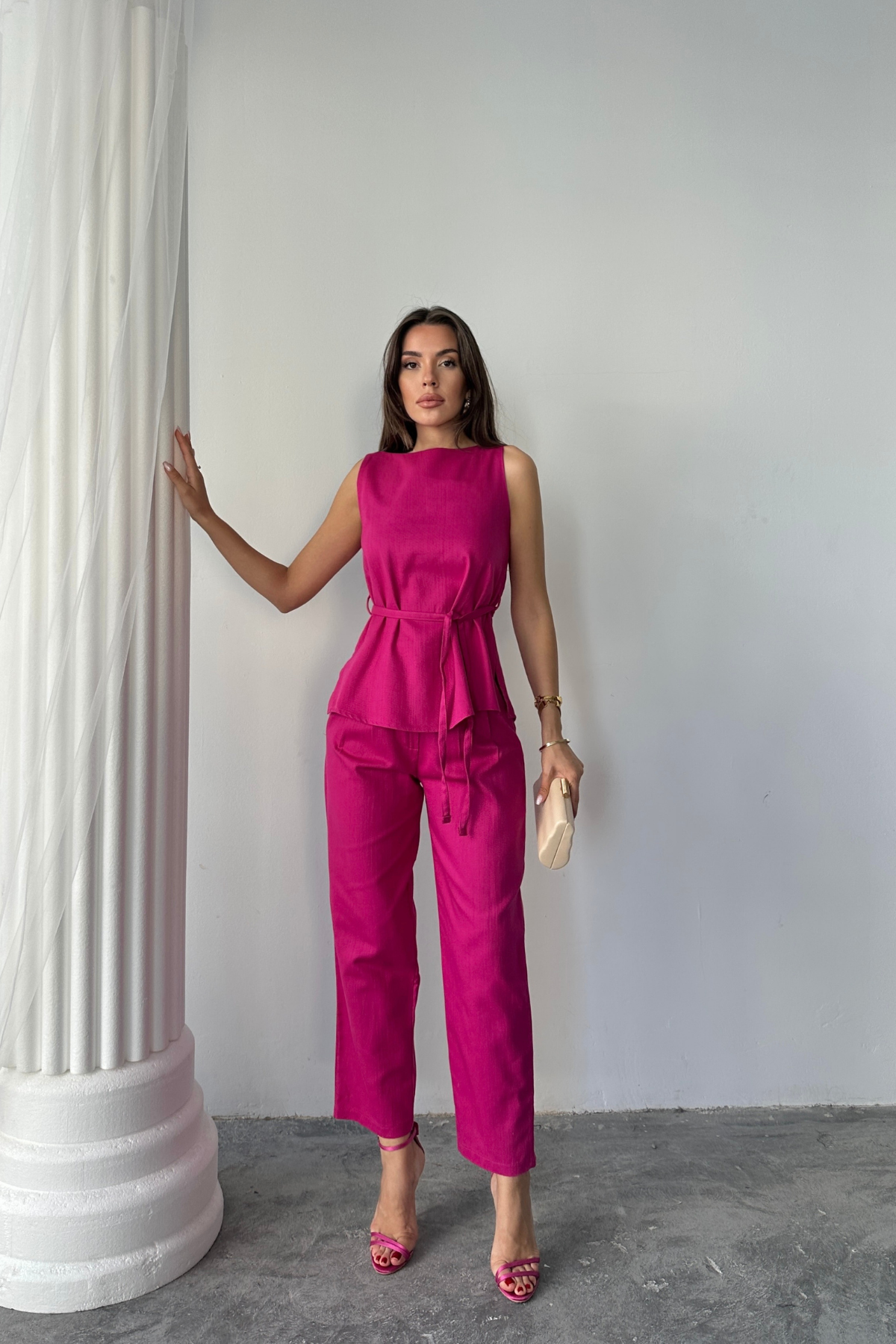 KETEN BLUZ - PANTOLON TAKIM MASSİMO MODEL  SCREAT KUMAŞ - Fuşya