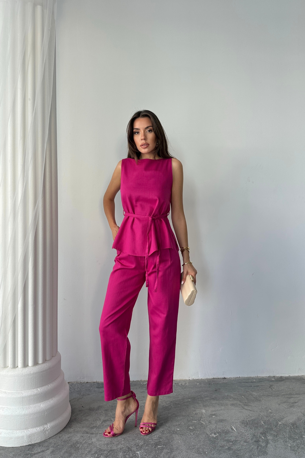 KETEN BLUZ - PANTOLON TAKIM MASSİMO MODEL  SCREAT KUMAŞ - Fuşya