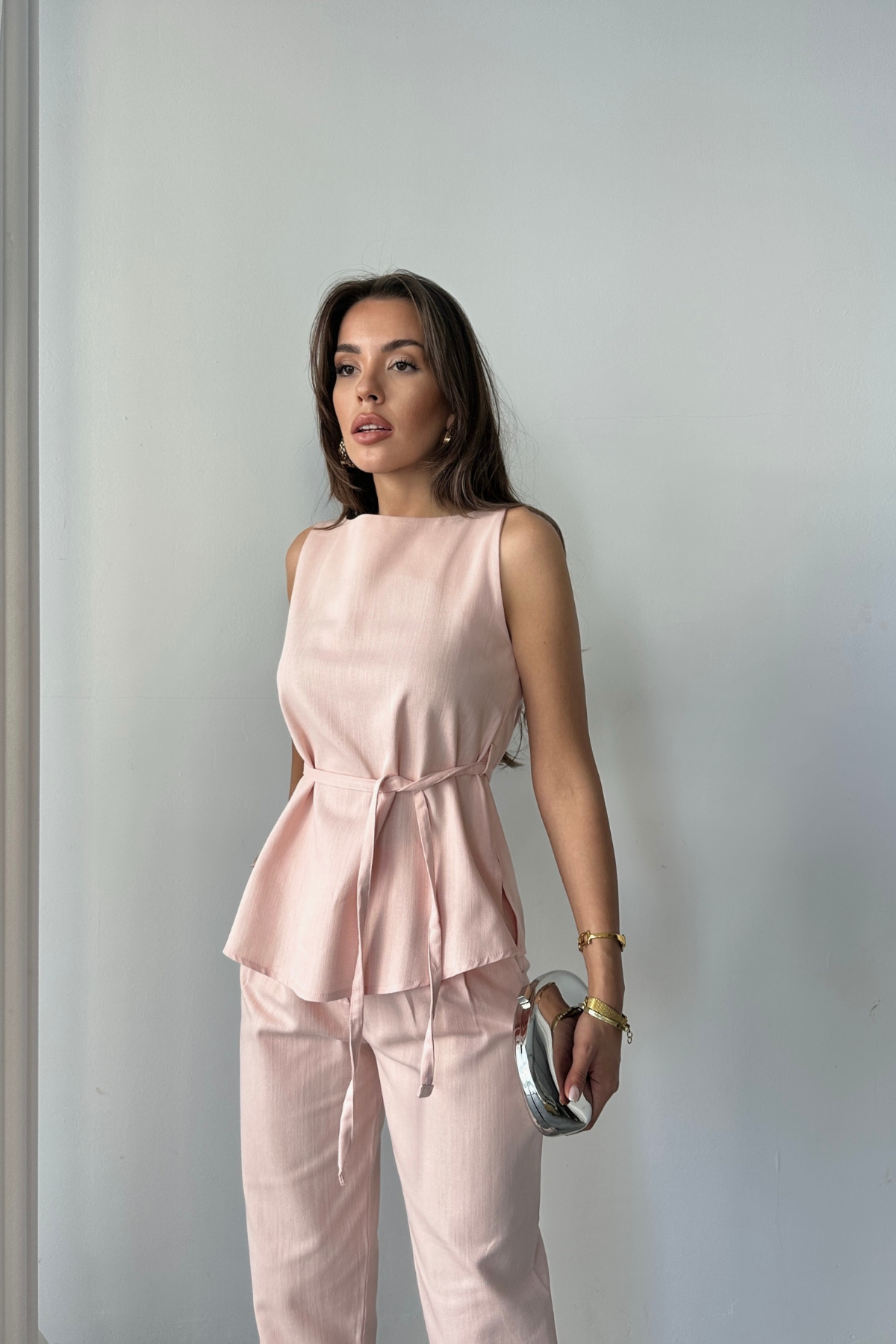 KETEN BLUZ - PANTOLON TAKIM MASSİMO MODEL  SCREAT KUMAŞ - Pudra