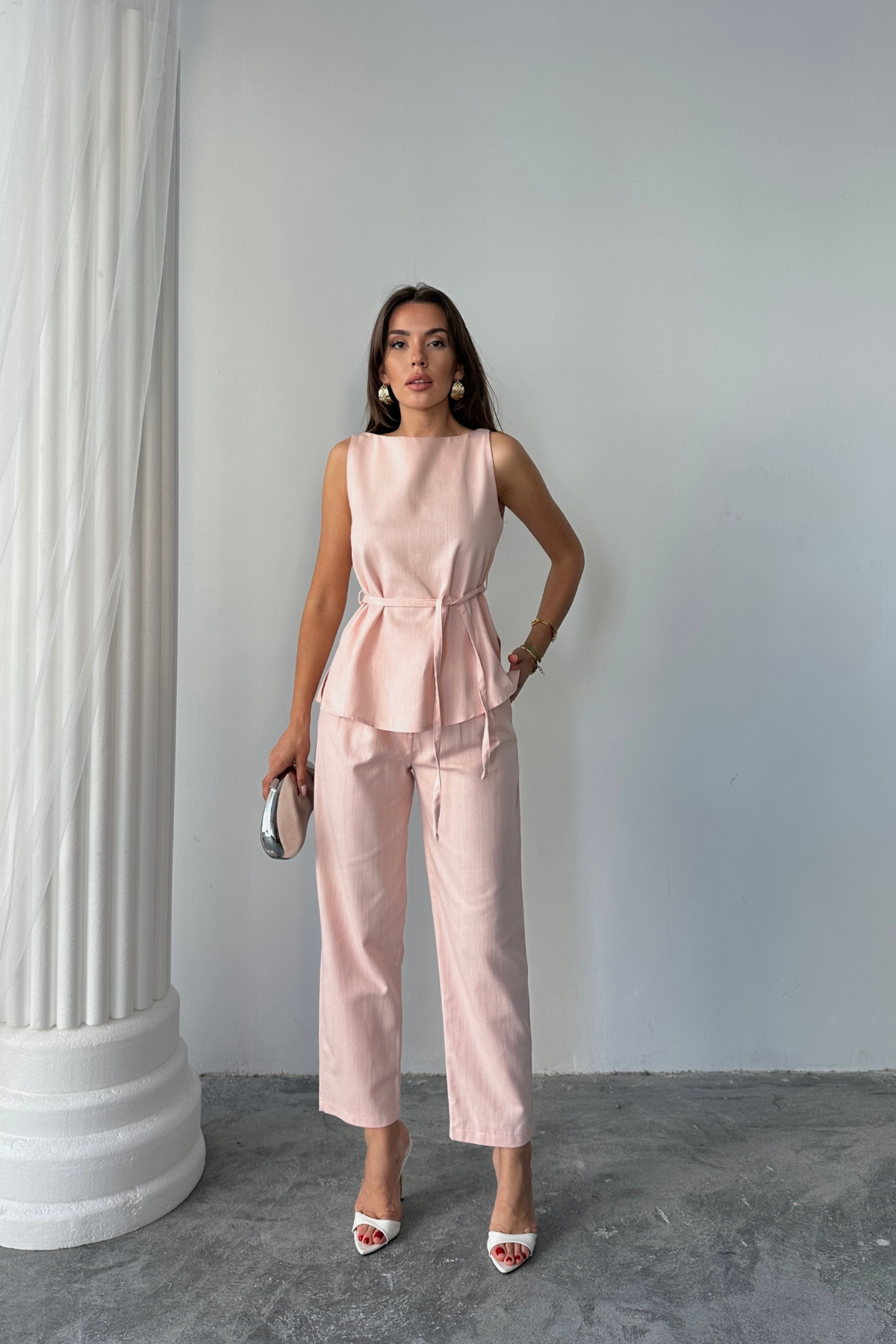 KETEN BLUZ - PANTOLON TAKIM MASSİMO MODEL  SCREAT KUMAŞ - Pudra