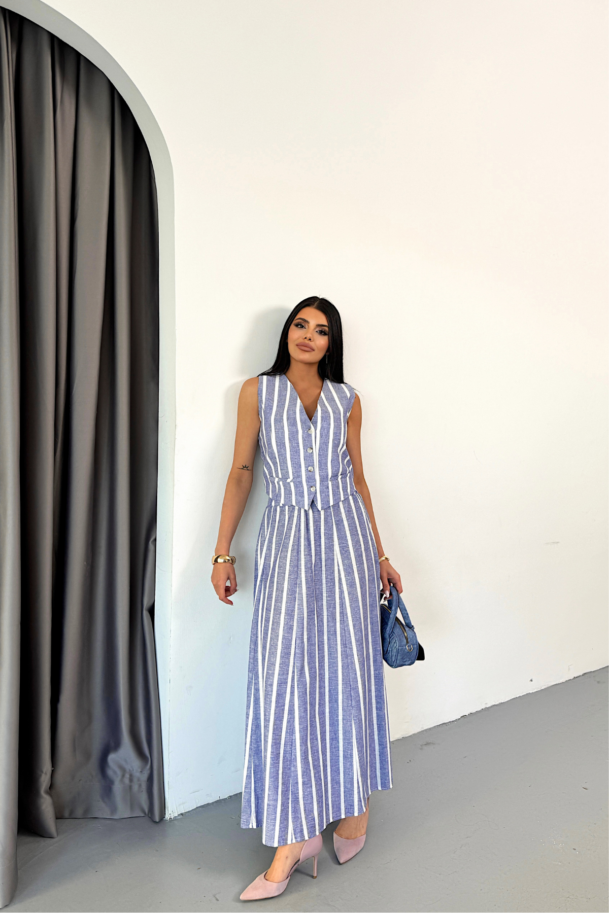 KETEN ÇİZGİLİ YELEK - UZUN ETEK TAKIM - Mavi