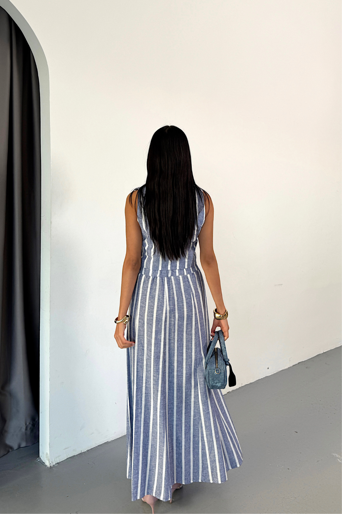 KETEN ÇİZGİLİ YELEK - UZUN ETEK TAKIM - Mavi