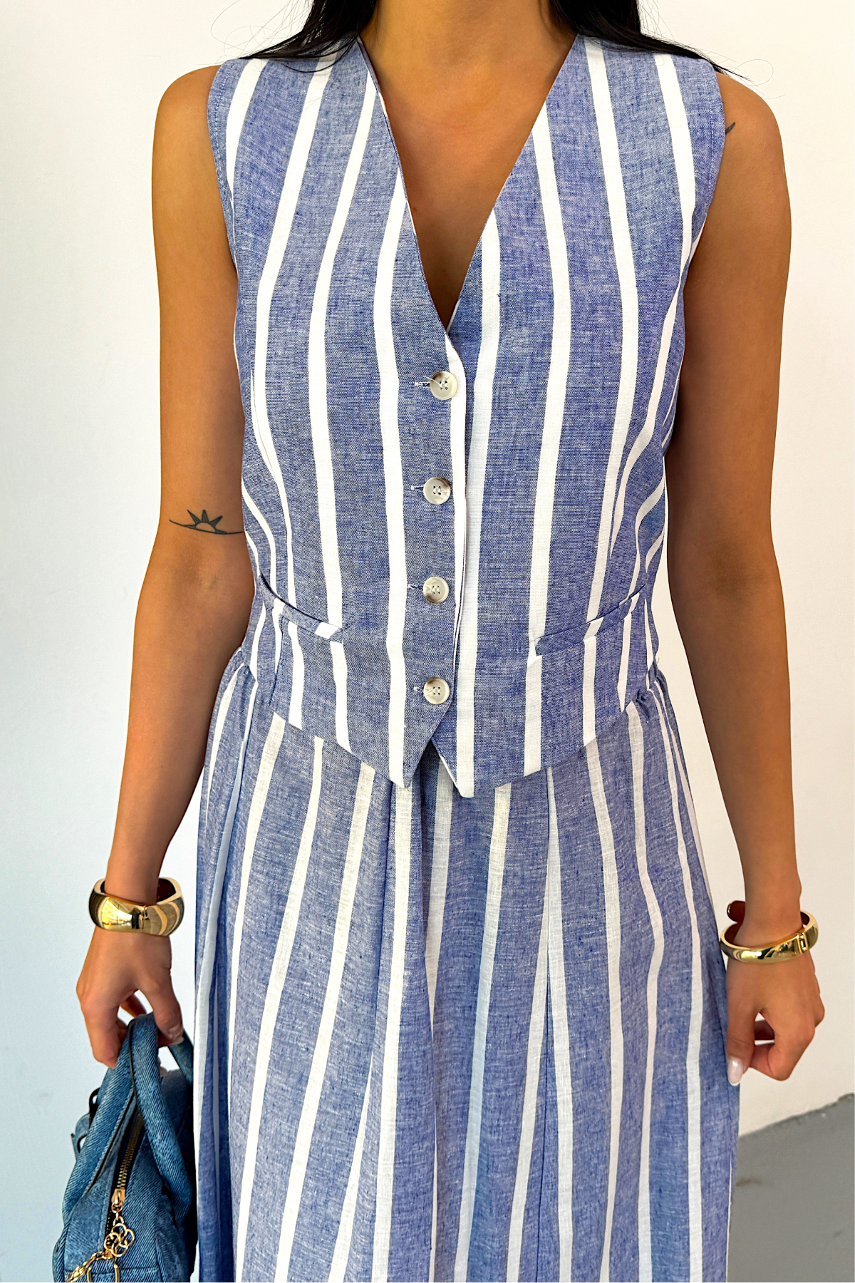 KETEN ÇİZGİLİ YELEK - UZUN ETEK TAKIM - Mavi