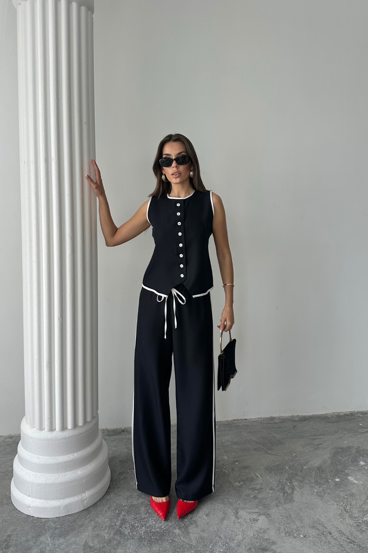 KETEN KENARLARI BİYELİ YELEK - PANTOLON TAKIM - Siyah