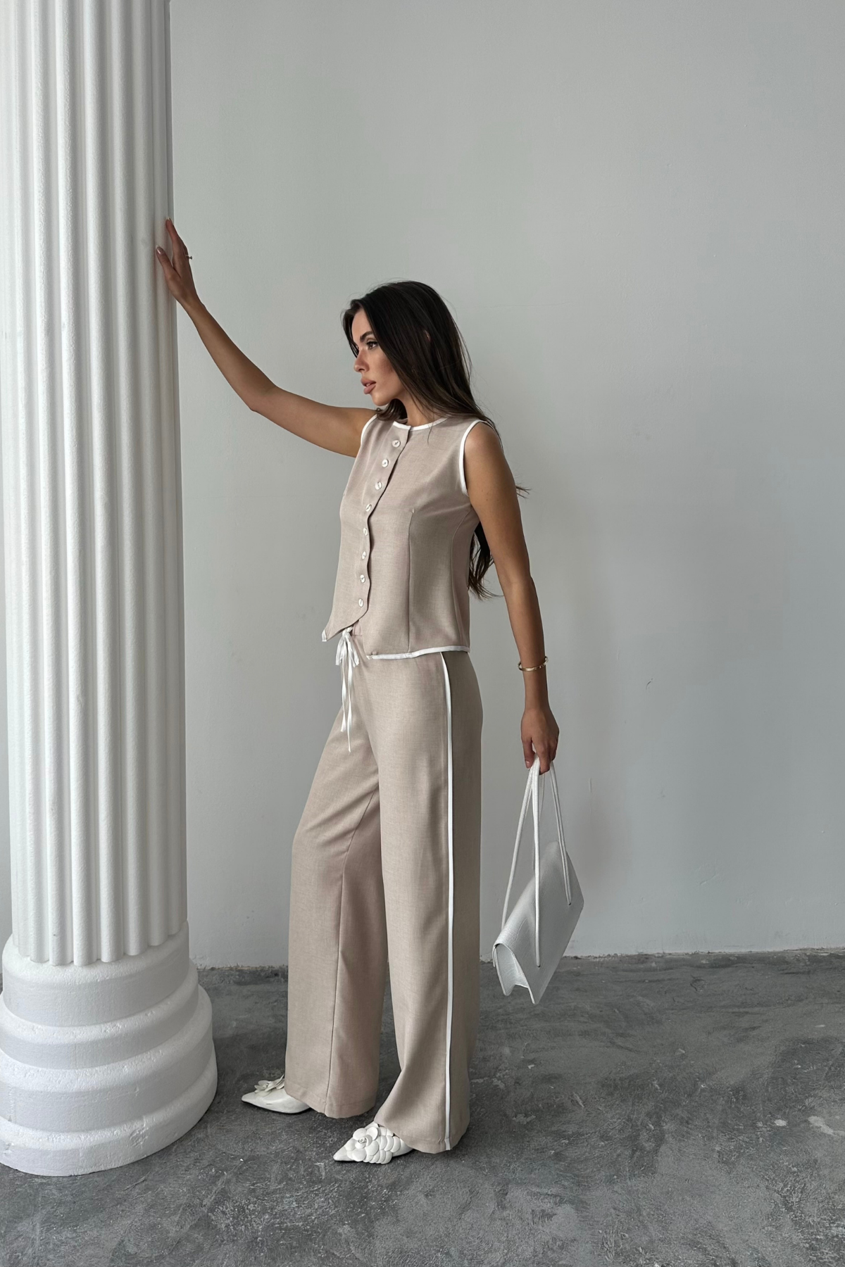 KETEN KENARLARI BİYELİ YELEK - PANTOLON TAKIM - Bej