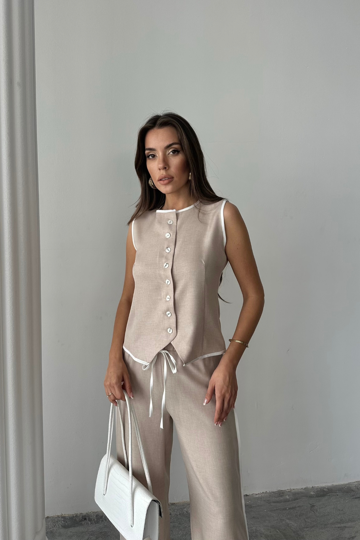 KETEN KENARLARI BİYELİ YELEK - PANTOLON TAKIM - Bej