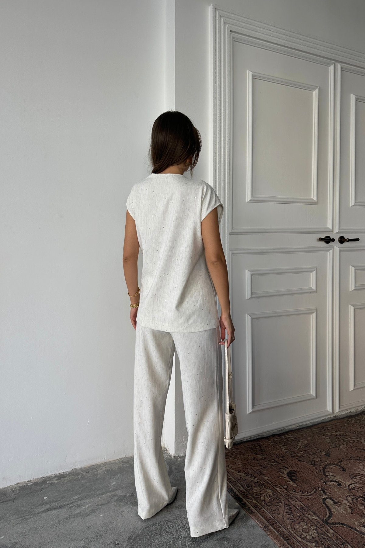 KETEN PULLU KRUVAZE BAĞLAMALI BLUZ - PANTOLON TAKIM - Ham