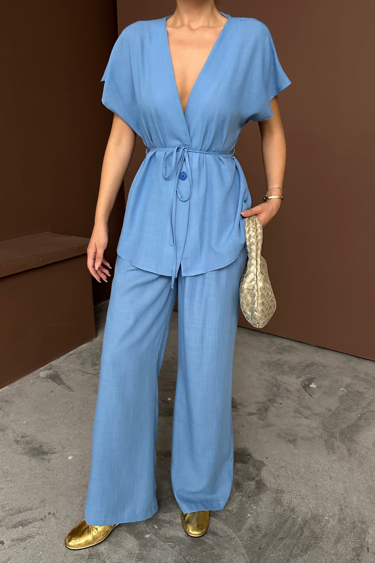 KETEN V YAKA BELDEN BAĞLAMALI BLUZ-PANTOLON TAKIM - Mavi