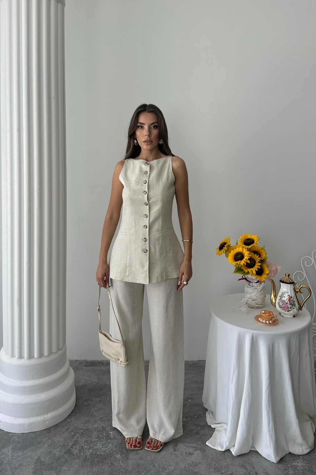 KETEN YELEK - PANTOLON TAKIM - Taş