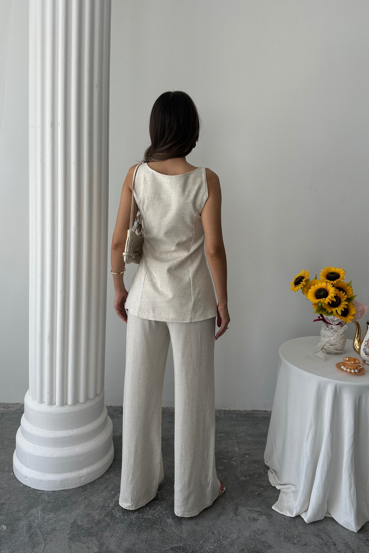 KETEN YELEK - PANTOLON TAKIM - Taş