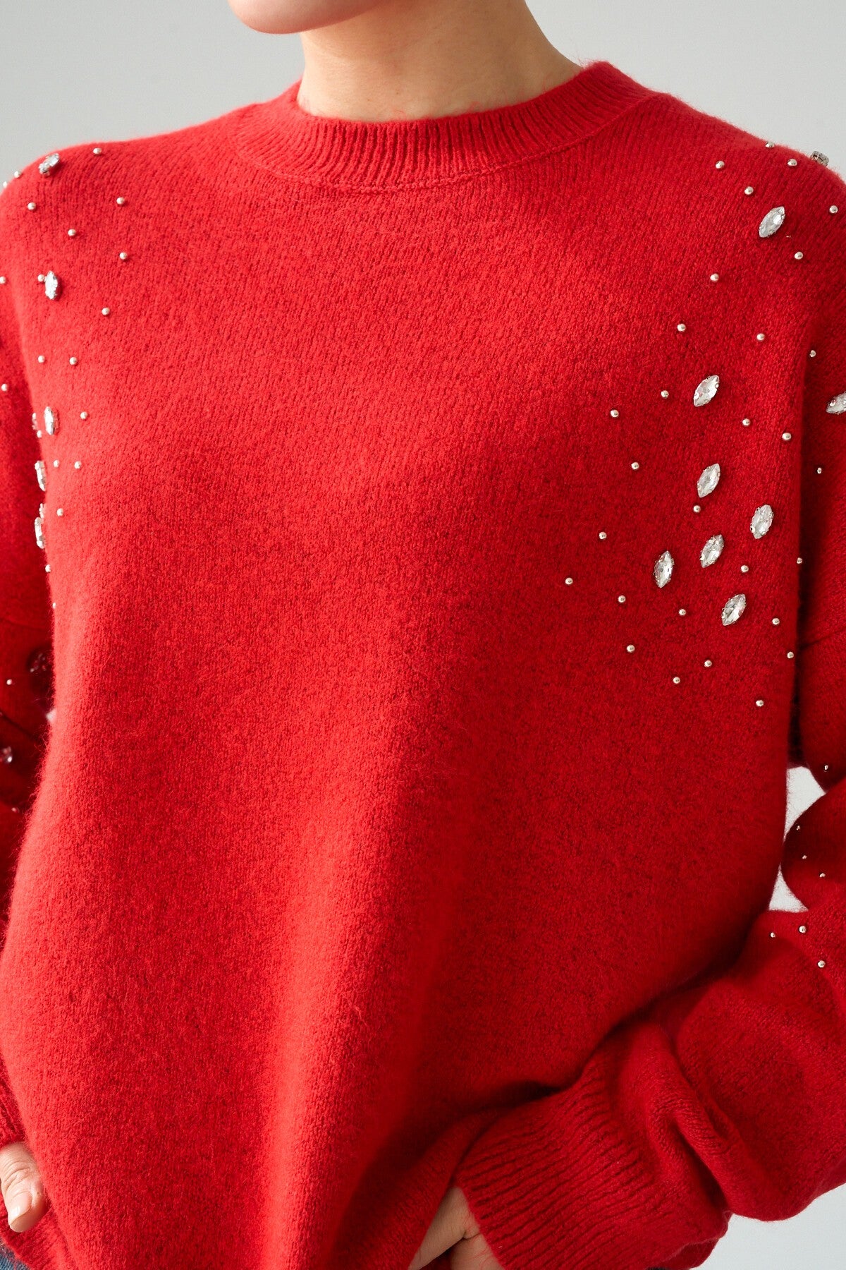 Red Sweater with Embellished Shoulders
