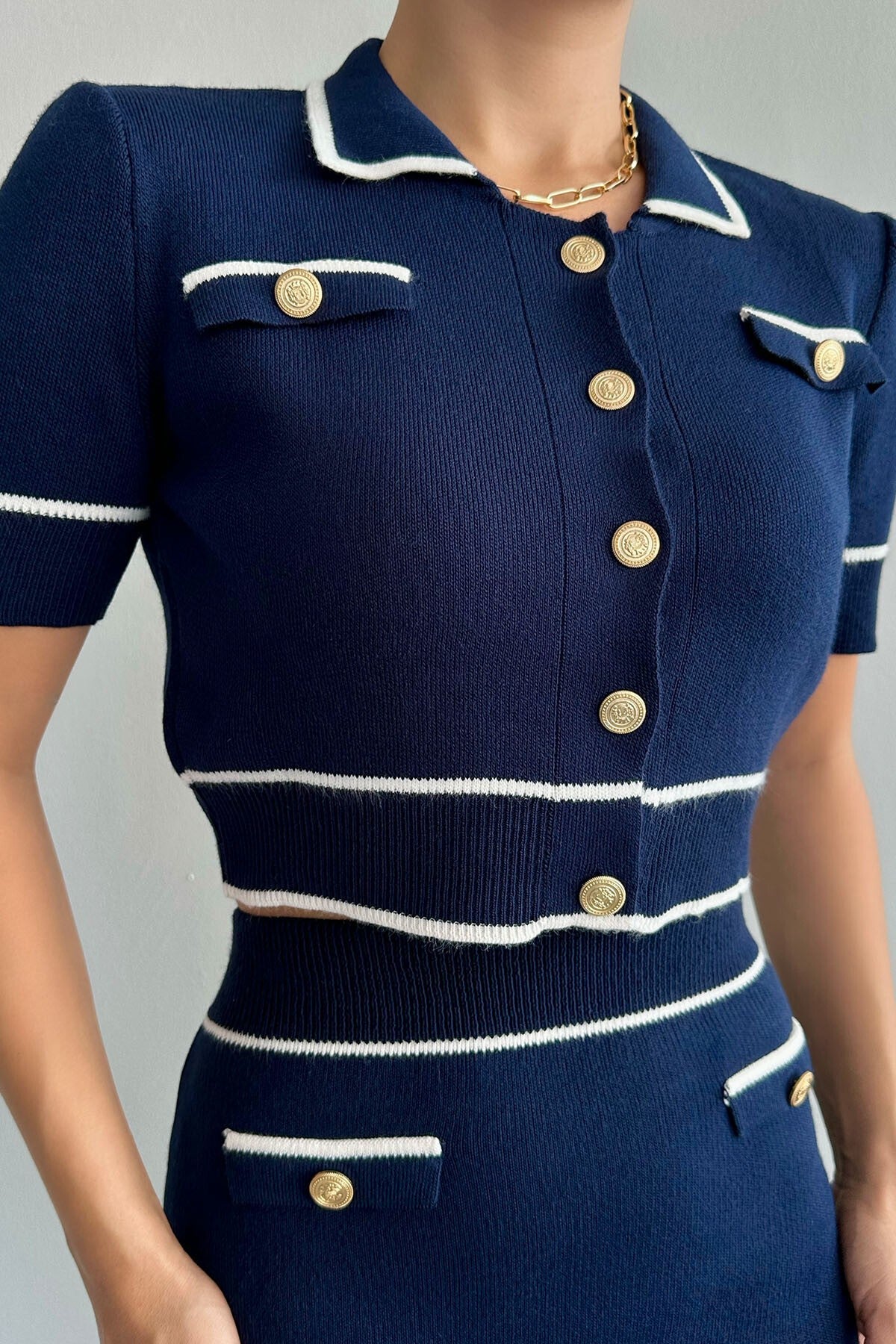 Navy Blue and Cream Short Knitted Skirt Set