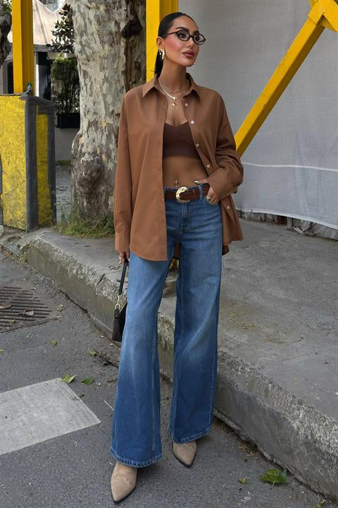 Klasik Oversize Poplin Gömlek 3421 CAMEL S