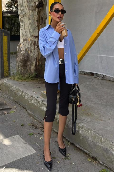 Klasik Oversize Poplin Gömlek 3421 MAVİ L